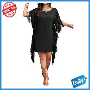 Plus Size Boho Fringe Backless Dress Western Cowgirl Tee Dress